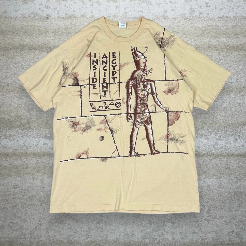 Vintage 90s Egypt AOP Shirt Mens 2XL Yellow Cotton Made in USA Short Sleeve